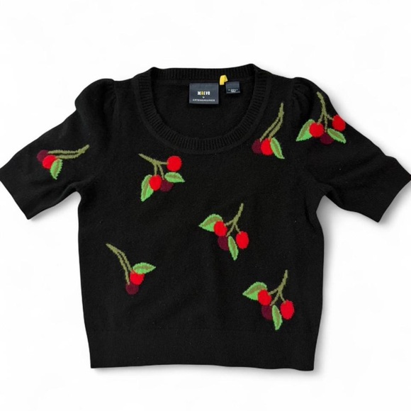 Anthropologie Maeve Puff-Sleeve Cashmere Jumper XS Black with Cherry Print - Picture 5 of 11